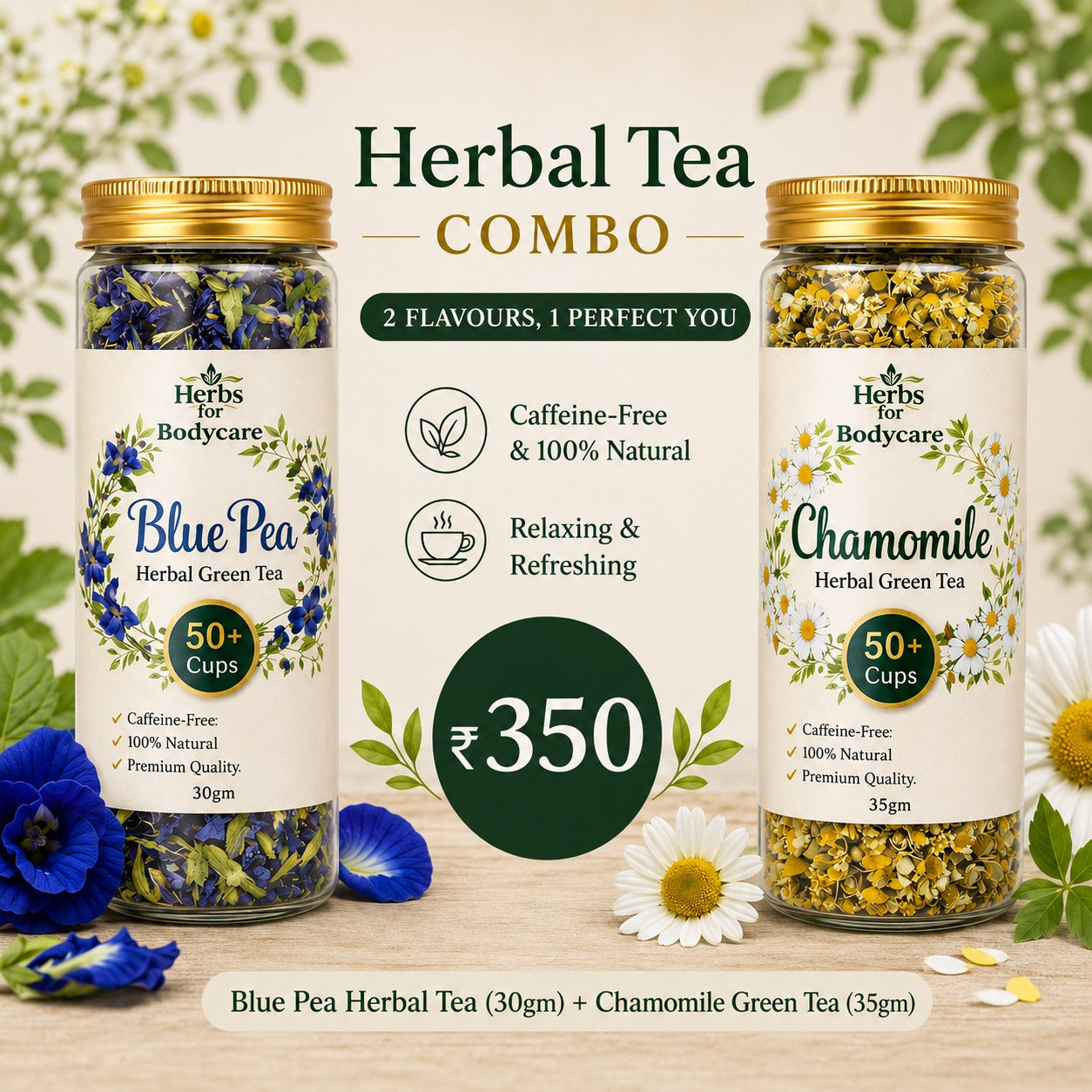 Blue Pea & Chamomile Herbal Tea Combo – Natural Relaxation & Wellness Tea Set (65g)