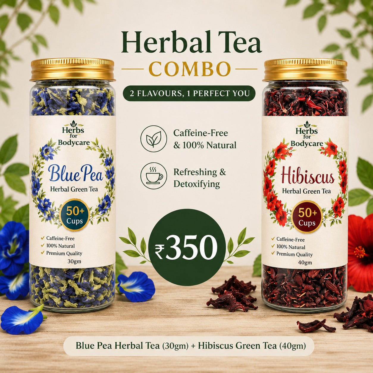 Blue Pea & Hibiscus Herbal Tea Combo – Caffeine-Free Wellness Blend (70g)