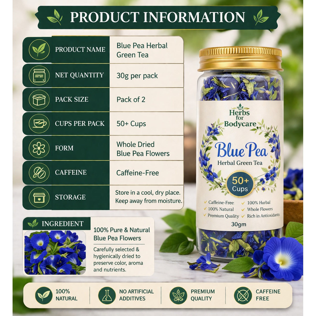 Premium Blue Pea Herbal Tea | Natural Butterfly Pea Flower Tea (50+ Cups)