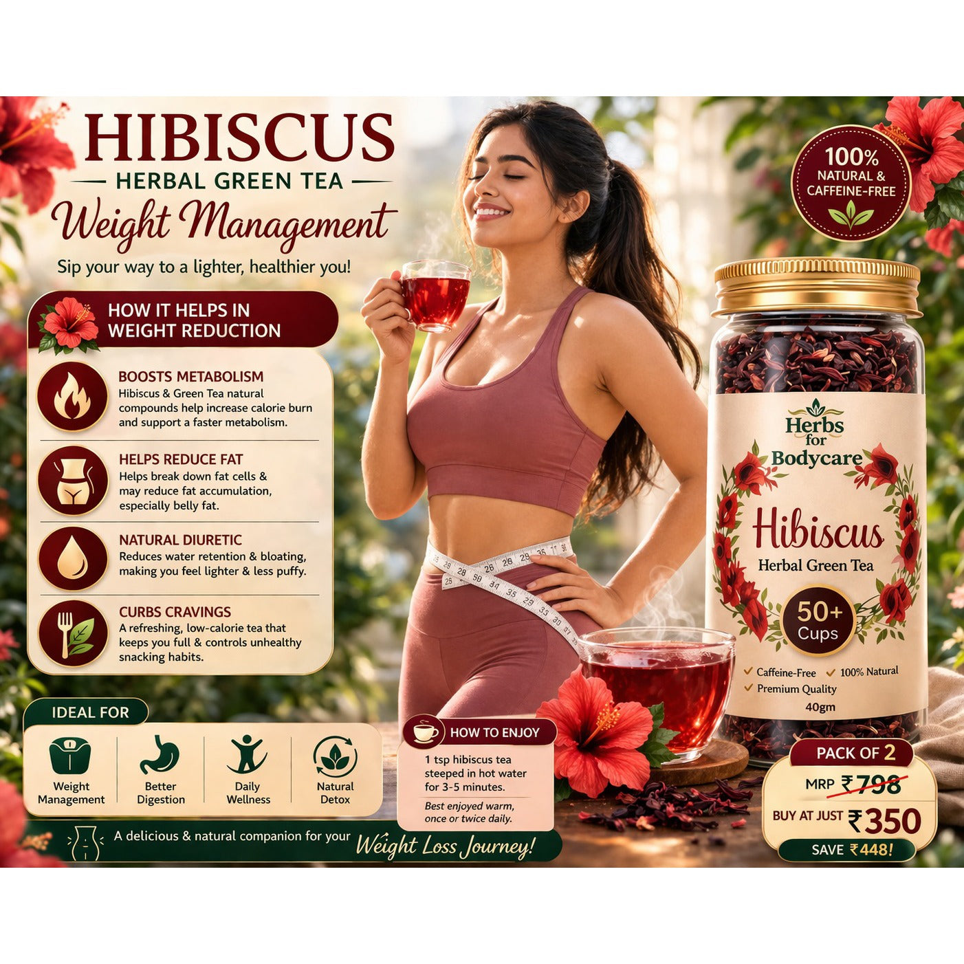 Premium Hibiscus Herbal Tea | Caffeine-Free Natural Wellness Tea (50+ Cups)