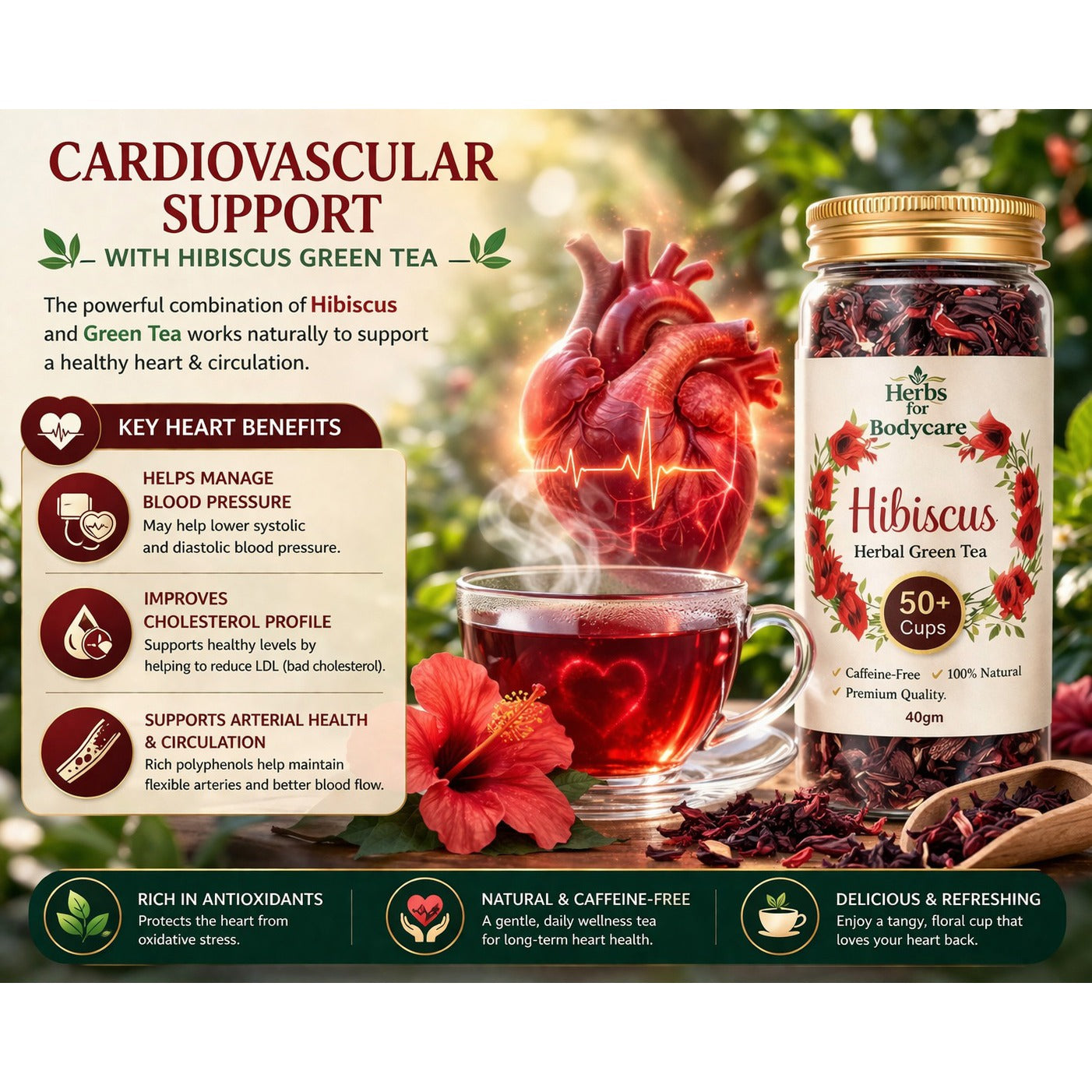Premium Hibiscus Herbal Tea | Caffeine-Free Natural Wellness Tea (50+ Cups)