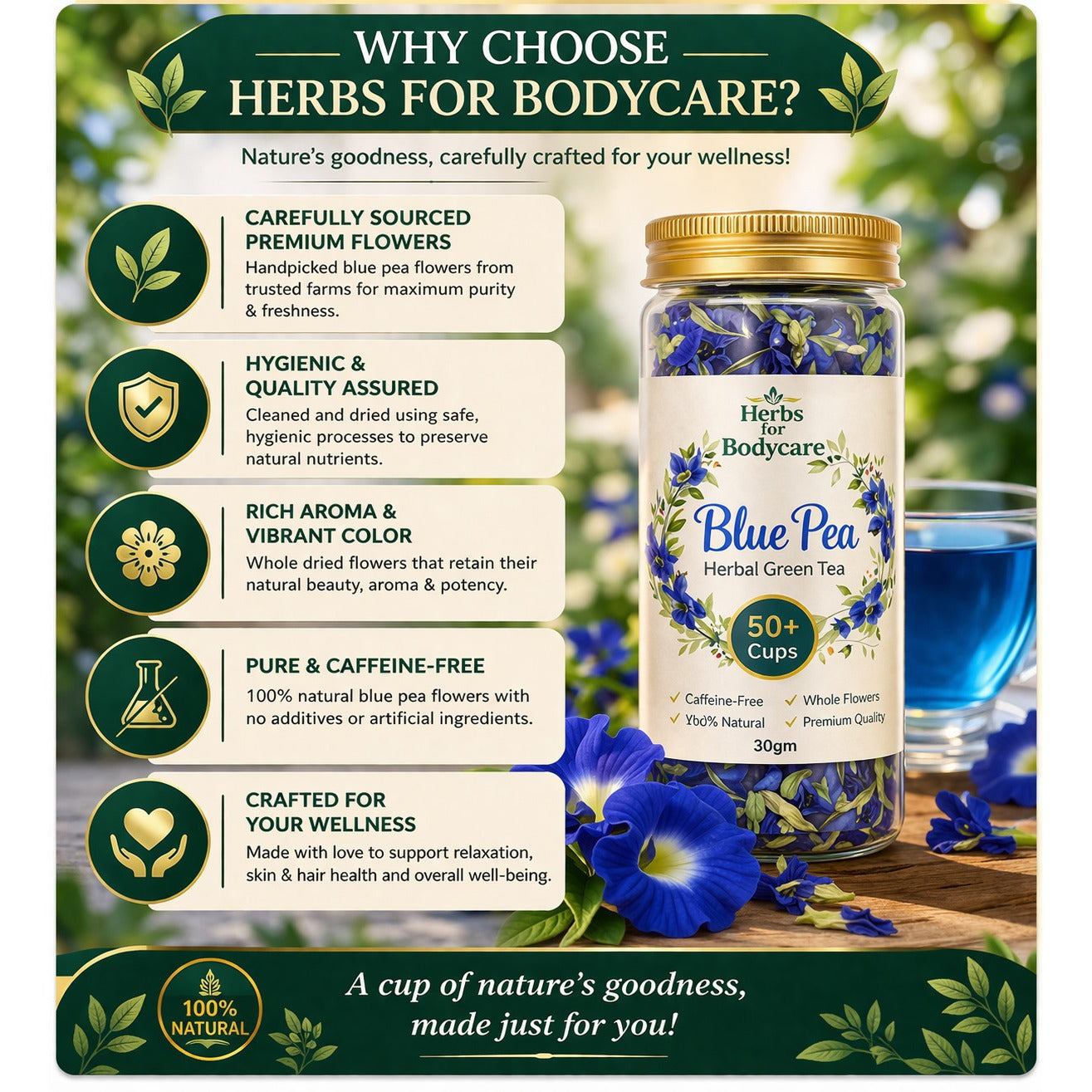 Premium Blue Pea Herbal Tea | Natural Butterfly Pea Flower Tea (50+ Cups)